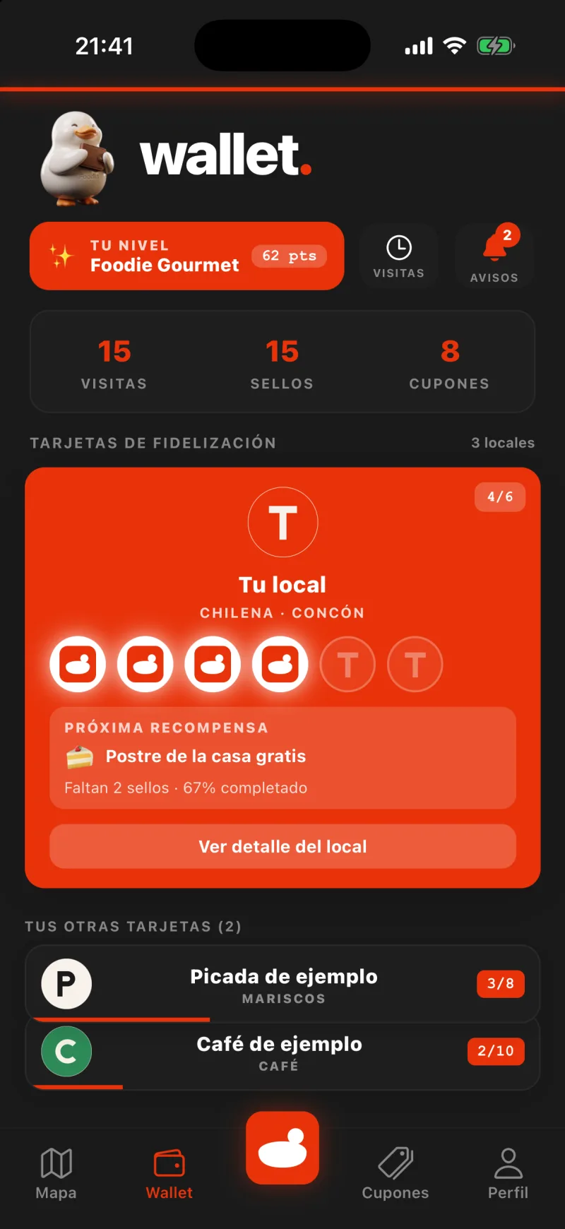 La pantalla Wallet de la app de Foodia, con datos de ejemplo: la tarjeta de sellos de Tu local va en 4 de 6 y le faltan 2 para un postre de la casa gratis. Debajo, las tarjetas de otros dos locales de ejemplo.