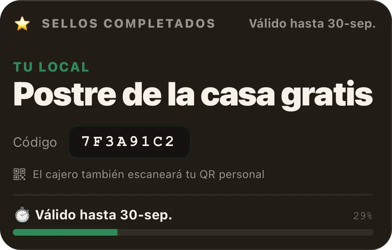 El cupón del premio en la app de Foodia, con datos de ejemplo: Postre de la casa gratis, de Tu local, por completar la tarjeta de sellos, con el código que se muestra en la caja y su fecha de vencimiento.